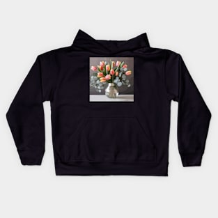 Pink Tulips and Eucalyptus Leaves in a Glass Vase Kids Hoodie